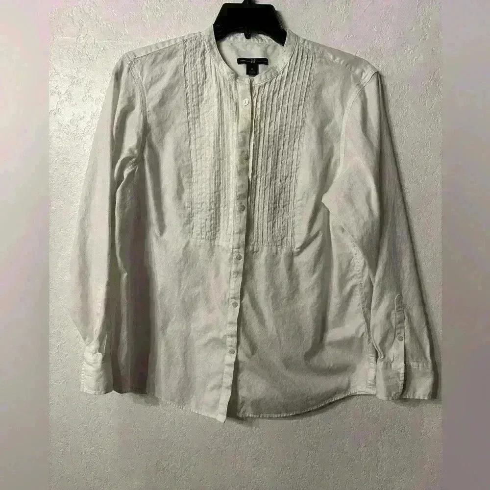 Gap Women's White Ruffle Pintuck Long Sleeve Button Up Shirt Size XL